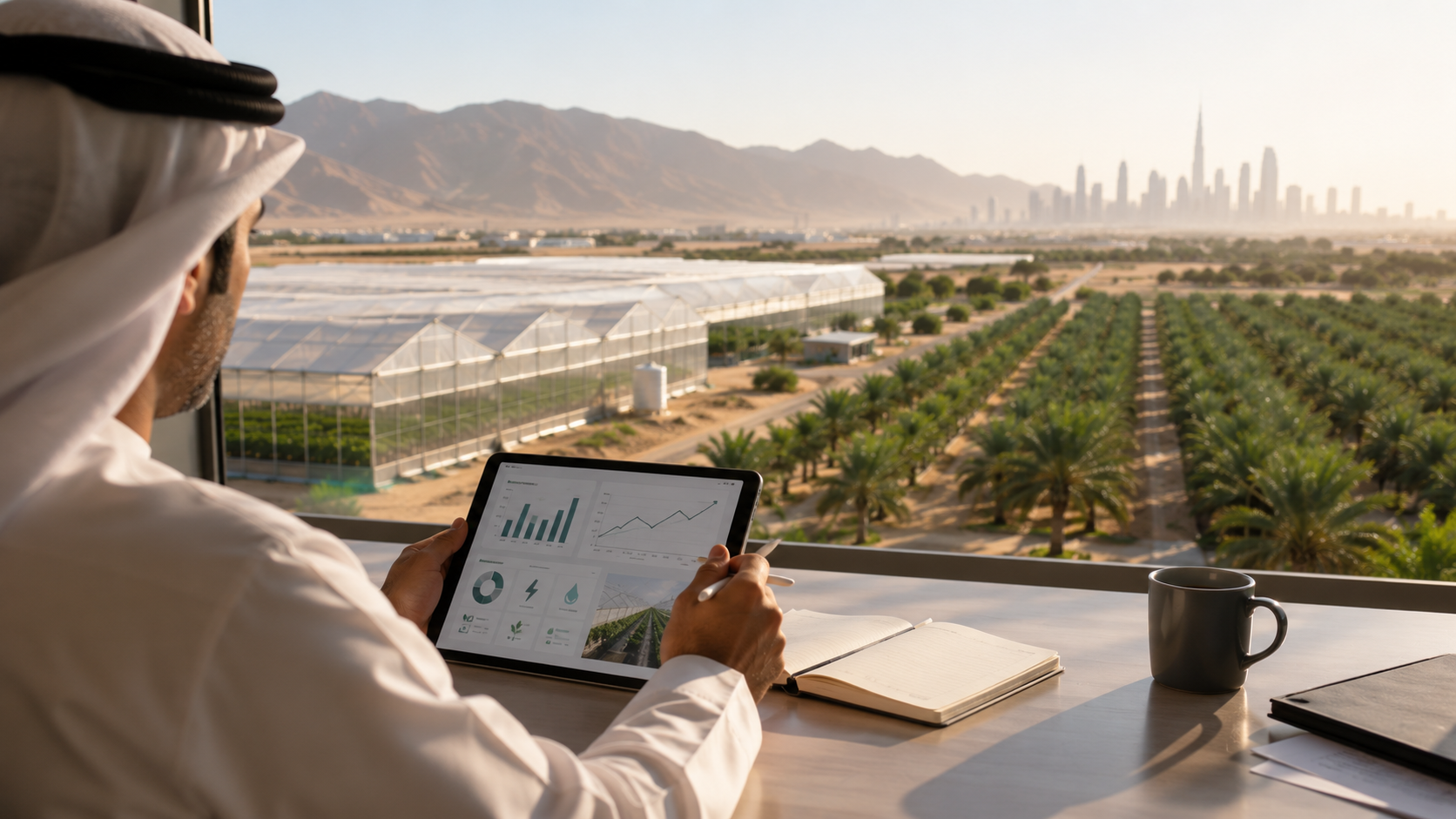 Executive reviewing commercial farm performance on a digital dashboard overlooking greenhouses, date palms and irrigated agriculture in the UAE.